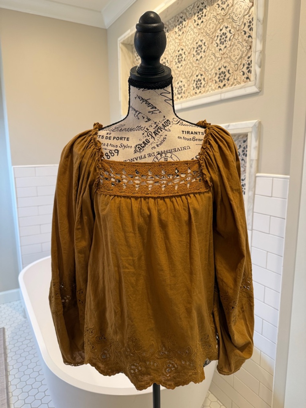 Ulla Johnson Crochet Yoke Peasant Blouse - Mustard Brown
